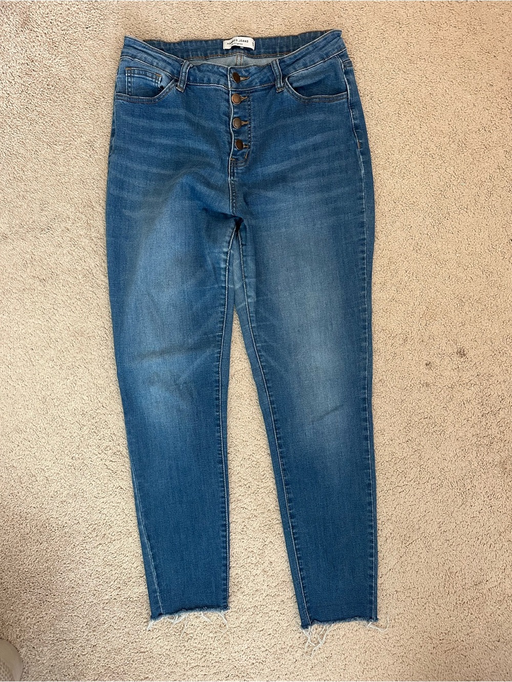 Mid-Rise Button-Fly Straight Leg Jeans in Medium Blue